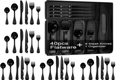 49-Piece Black Silverware Set with Organizer, Stainless Steel Flatware Set for 8 with Drawer Tray, Cutlery Steak Knives Fork Spoon for Home Resta