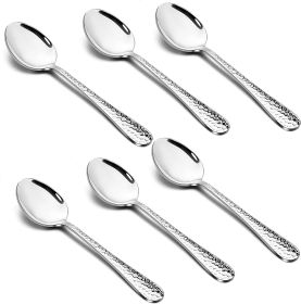 Hammered Teaspoons Set of 6,  Stainless Steel Modern Silverware Flatware Dessert Spoons for Home, Kitchen, Restaurant, Round Edge & Mirror Polish