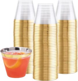100-Pack 9oz Gold Rimmed Plastic Cups Disposable Wine Glasses for Charcuterie, Weddings, Parties