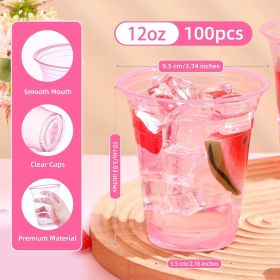 100 Pack Pink Plastic Party Cups, 12 oz Disposable Wine Glasses Bulk, Pink Clear Drinking Cup for Cocktail