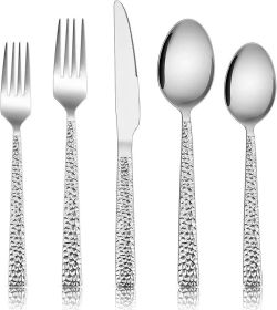 Hammered Silverware Set, 40-Piece Stainless Steel Square Flatware Set for 8, Metal Tableware Cutlery Set Includes Dinner Knives/Forks/Spoons