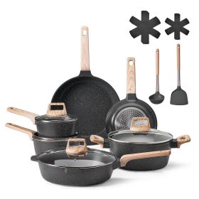 17 Piece Pots and Pans Set Nonstick, Granite Cookware Set, Induction Cookwares, Kitchen RV Cooking Sets with Frying, Sauce, Saute, Tempered Glass