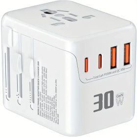30W GaN Universal Travel Adapter - 2 USB-A + 2 USB-C | Supports Laptops/Hair Dryers | European & Worldwide Plug Adapter | UK/US/AU Compatible (Option: WhitePD30W)