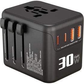 30W GaN Universal Travel Adapter - 2 USB-A + 2 USB-C | Supports Laptops/Hair Dryers | European & Worldwide Plug Adapter | UK/US/AU Compatible (Option: BlackPD30W)