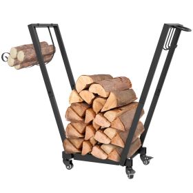 Firewood Rack with Wheels, Metal Log Holder with Kindling and Tool Hooks, Indoor/Outdoor, 31.1" x 11.8" x 31.9", Black (Option: Black-510x80x355 mm)