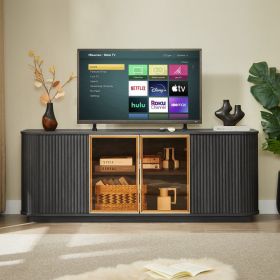 64-Inch Wavy TV Cabinet, Round Sideboard, Wooden Vertical Stripe Storage Cabinet, Aluminum Door Framed Tempered Glass Cabinet For Living Room Bed (Option: Black)