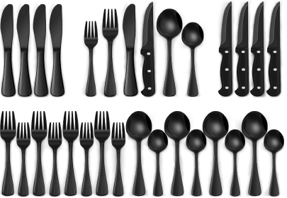 24-Piece Black Silverware Set with Steak Knives, Black Flatware Set for 4, Food-Grade Stainless Steel Tableware Cutlery Set (Color: Black)