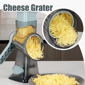 Rotary Cheese Grater Hand Crank Transparent - Shredder Slicer Grinder 3 Stainless Steel Blades, Stable Suction, Labor-Saving Handle (Color: Grey Blue SP)
